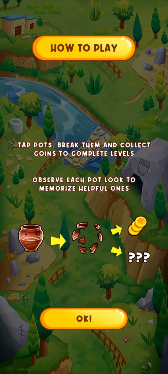 The how to play card: a pot breaks into shards, and the shards turn into either coins or a question mark.