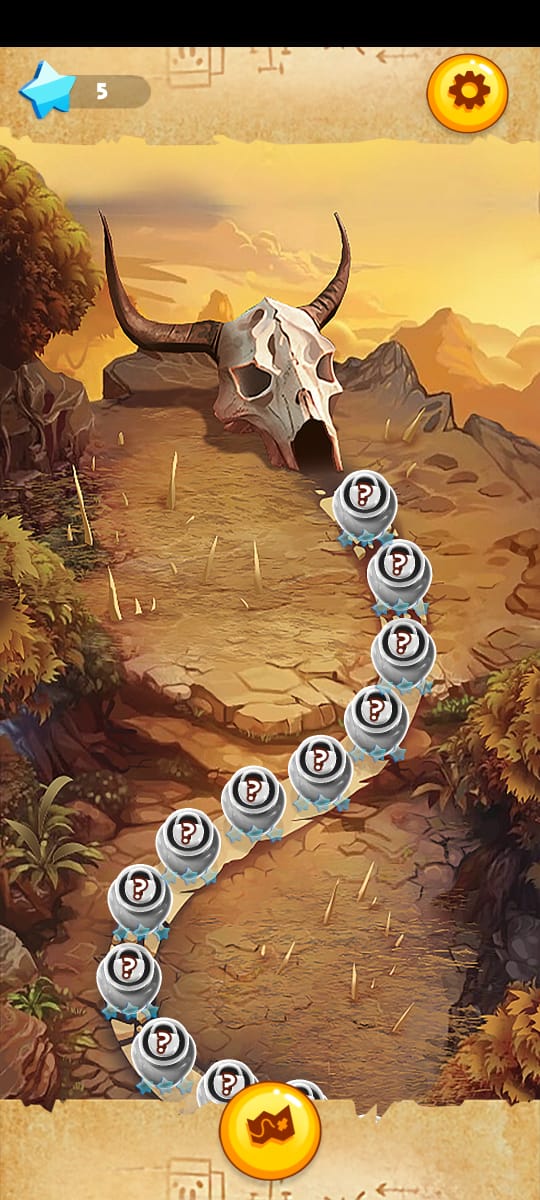 The savanna map: the level trail curves past a horned skull on a dry ridge under an amber sky.
