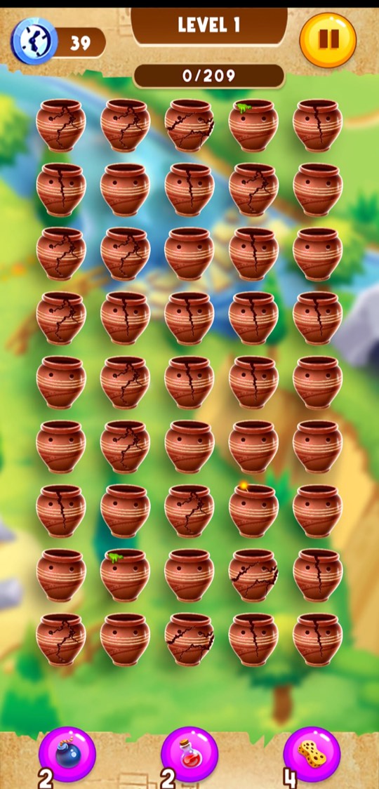 Level one: a grid of plain terracotta pots with fine gold banding, several already cracked, over the river valley.