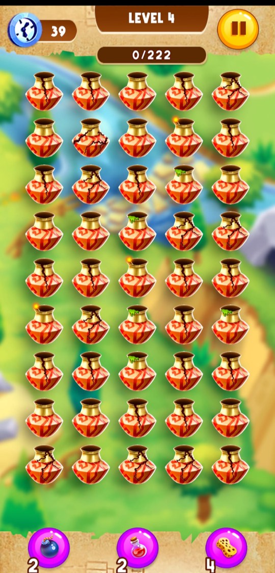 Level four further in: the same red and gold kite pots, most of them now split with cracks.