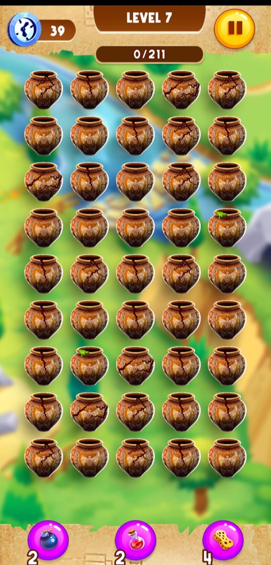 Level seven: round bronze-brown pots with a fine pattern pressed into the clay.