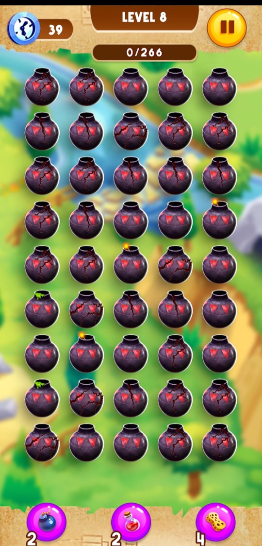 Level eight: near-black round pots banded with red triangles.