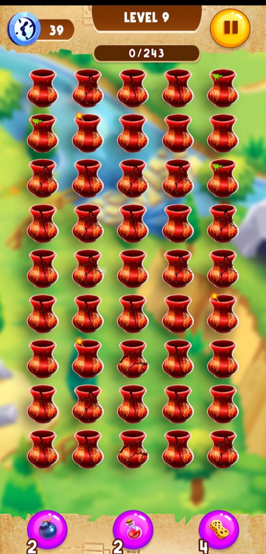 Level nine: glossy deep red pots with a gold seam running down the belly.