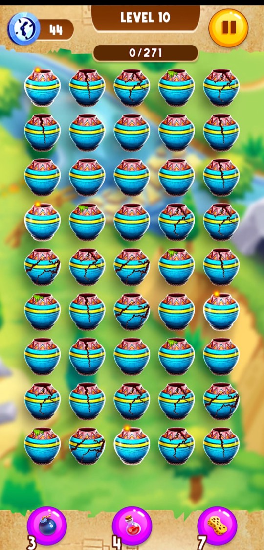 Level ten: turquoise pots striped with yellow under a red and white zigzag collar.
