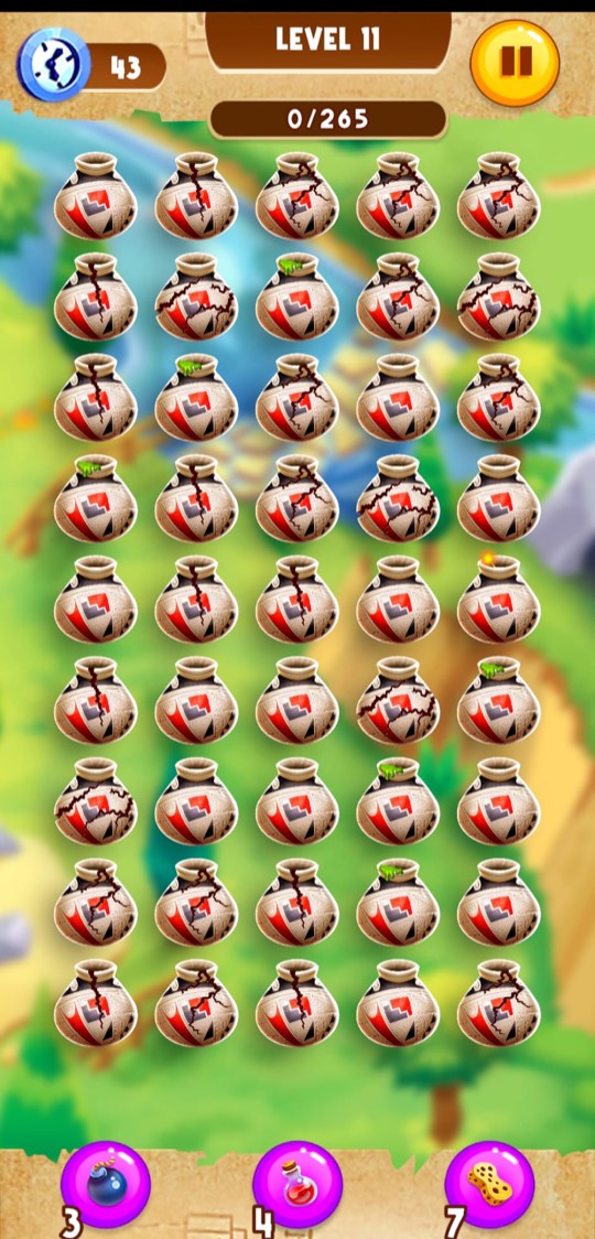 Level eleven: chalk-white pots carrying a red flag and grey step motif.