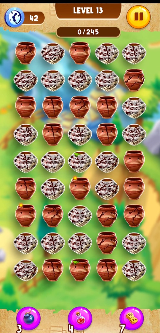 Level thirteen: plain clay pots and painted meander pots mixed into the same grid.